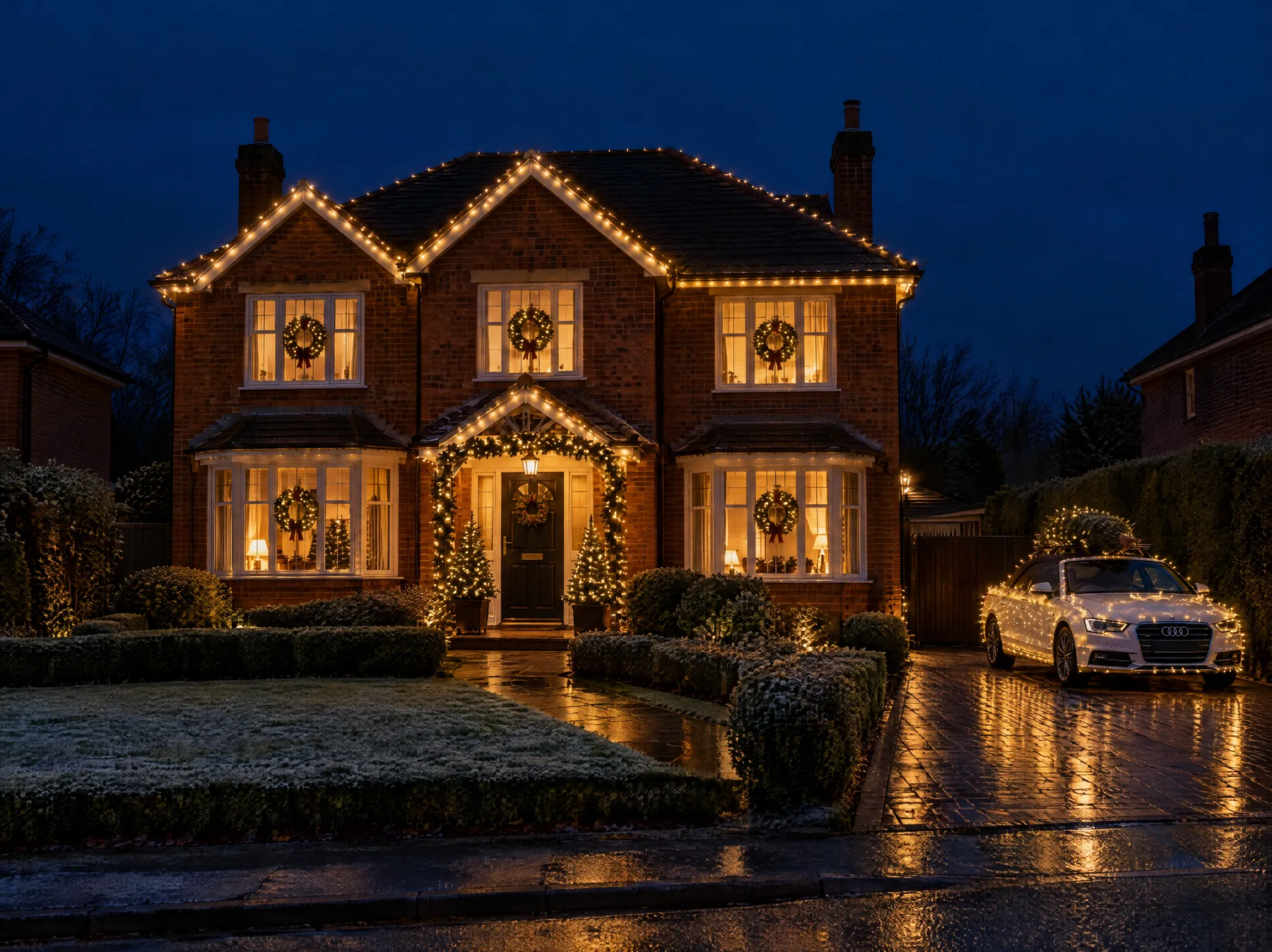 A detached house at night with lights along the roofline, wreaths in the windows and a lit garland round the front door